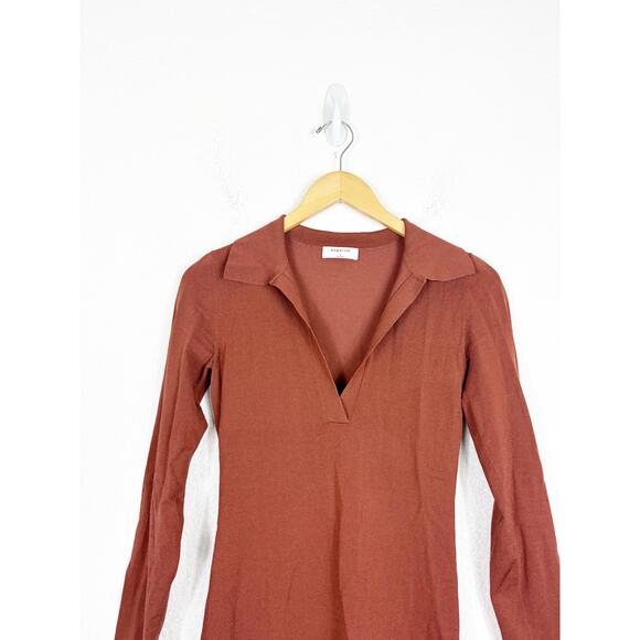 Aritzia Babaton Fame Polo Dress Small Rich Copper Ribbed Long Sleeves Stretch - Picture 4 of 13